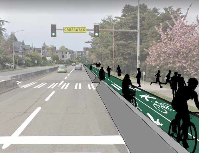 A rendering shows a green two-way bike facility with a concrete barrier next to the highway. Silhouette figures shows future users.