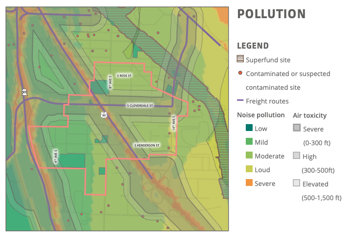 Map showing South park with two heavy lines with clouds around them showing noise and air pollution, with the Duwamish river also showing pollution