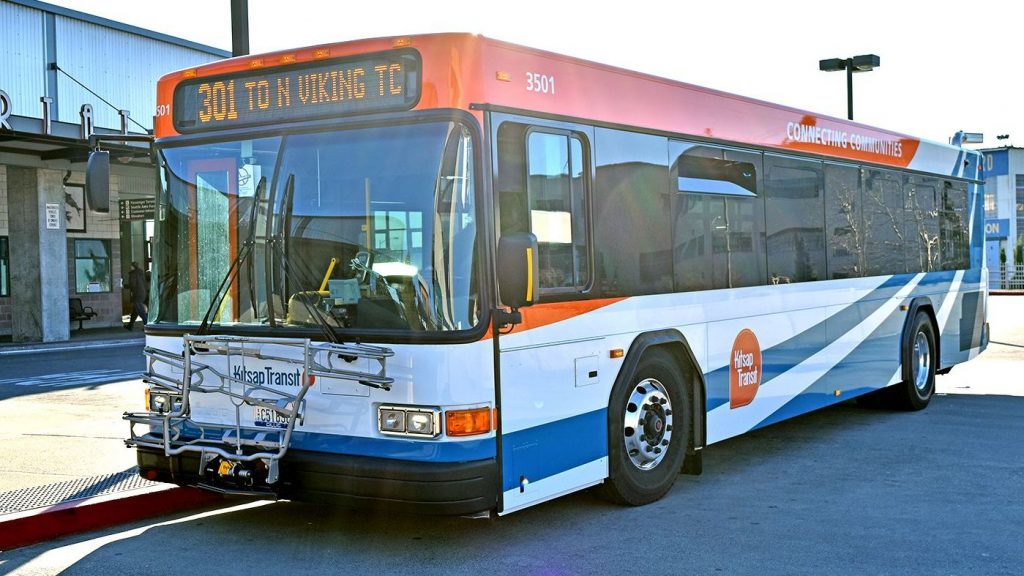 A Kitsap Transit bus waits at a stop