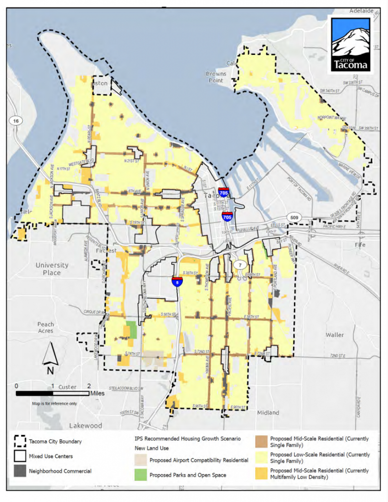 A map showing growth scenarios in Tacoma, WA.