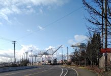 East Marginal Way Overhaul Reaches Full Funding with $20 Million Federal Grant A gutter bike lane with the Port's tower cranes in the background.