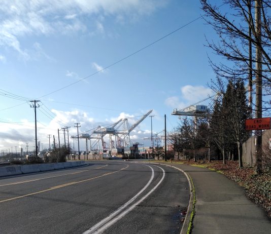East Marginal Way Overhaul Reaches Full Funding with $20 Million Federal Grant A gutter bike lane with the Port's tower cranes in the background.