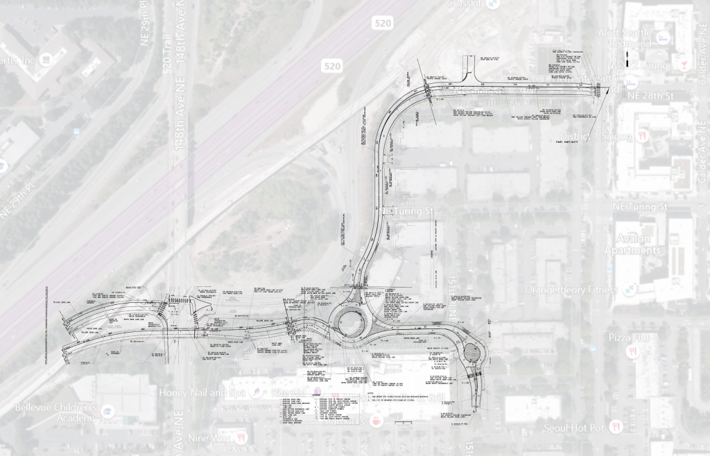 A black and white drawing of a planned freeway ramp and the local roads it feeds into. 