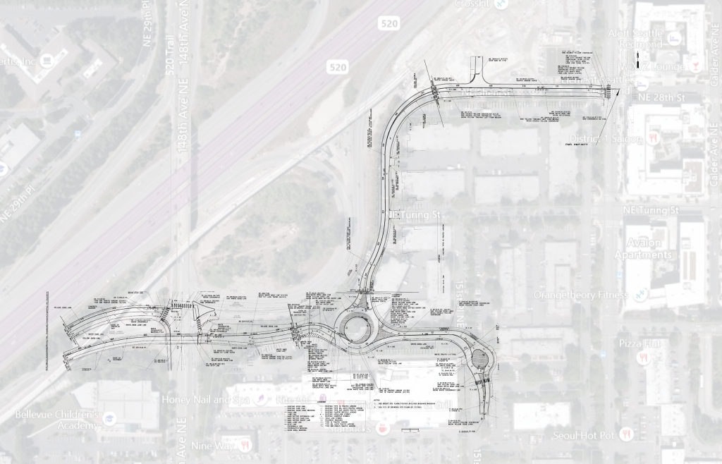A black and white drawing of a planned freeway ramp and the local roads it feeds into.