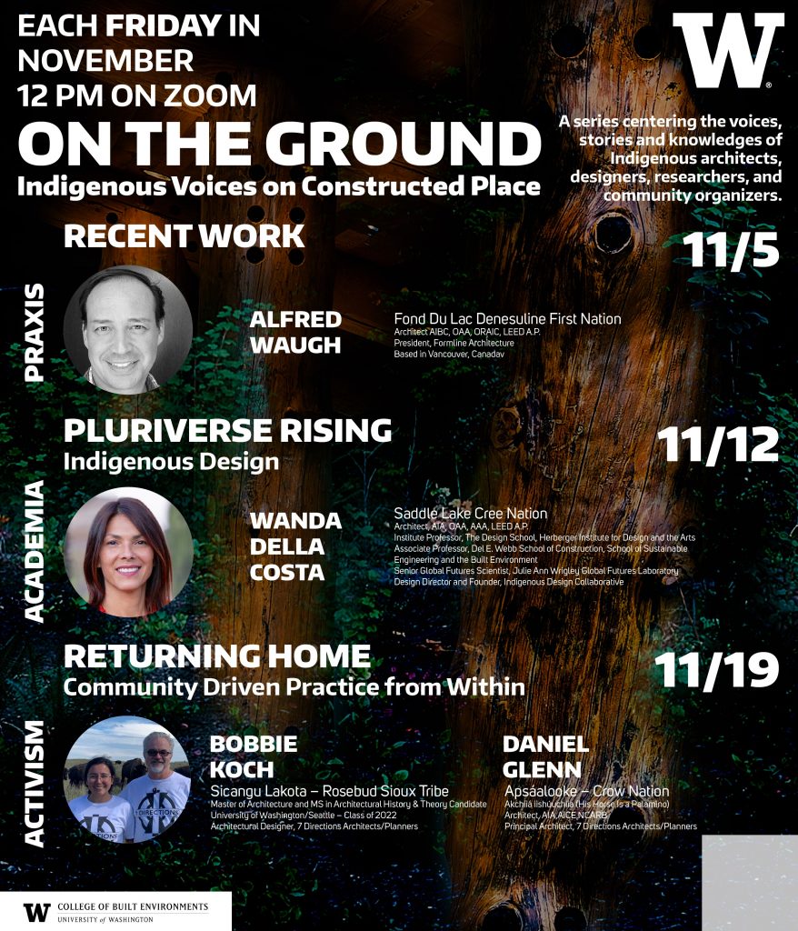 A flyer for the On the Ground, Indigenous Voices on Constructed Place, lecture series. 