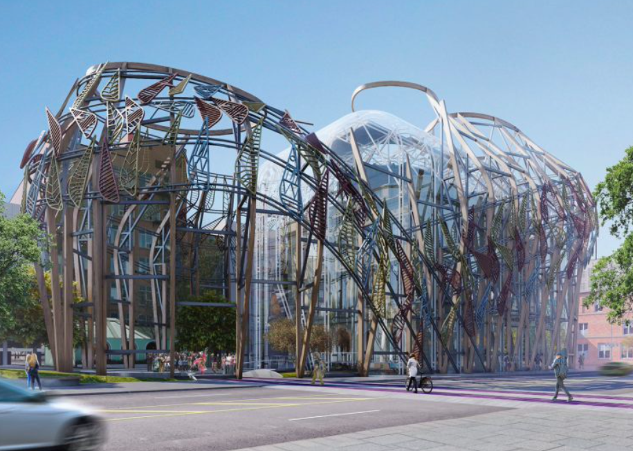 A rendering of a modern structure made from colored metal rods curved into different shapes. 
