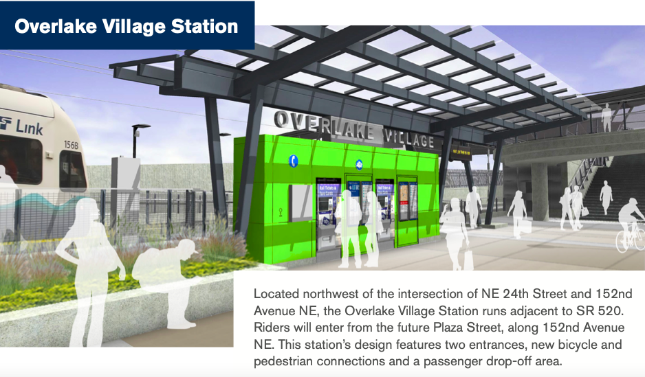 A rendering of the future Overlook Village Station located northwest of the intersection of NE 24th Street and 152nd Avenue NE, the Overlake Village Station runs adjacent to SR 520. Riders will enter from the future Plaza Street along 152nd Avenue NE. The station's design features two entrances, new bicycle and pedestrian connections and a passenger drop-off area.