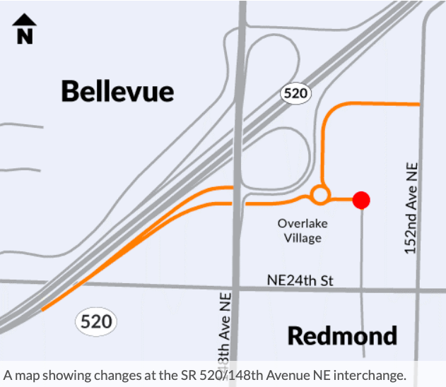 A map showing the location of the Overlake Village to to SR 520. 