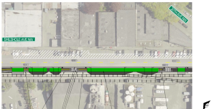 A map shows the new design for the Burke Gilman trail on Shilshole Avenue NW where the trail crosses business driveways. Green paint marks the crossings.