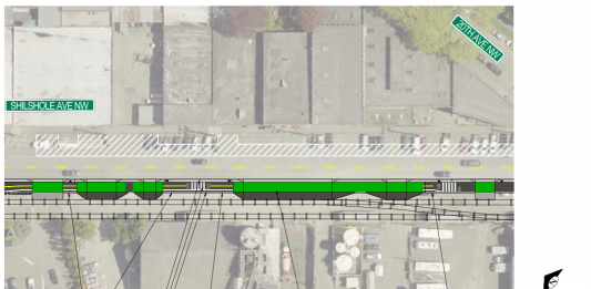 A map shows the new design for the Burke Gilman trail on Shilshole Avenue NW where the trail crosses business driveways. Green paint marks the crossings.