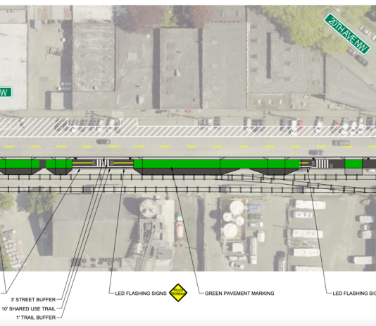 A Closer Look at New Plans for the Burke-Gilman Trail’s ‘Missing Link’ A map shows the new design for the Burke Gilman trail on Shilshole Avenue NW where the trail crosses business driveways. Green paint marks the crossings.