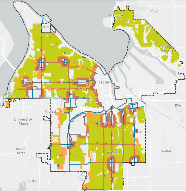 A map of Tacoma using colors to indicate different zoning designations. 