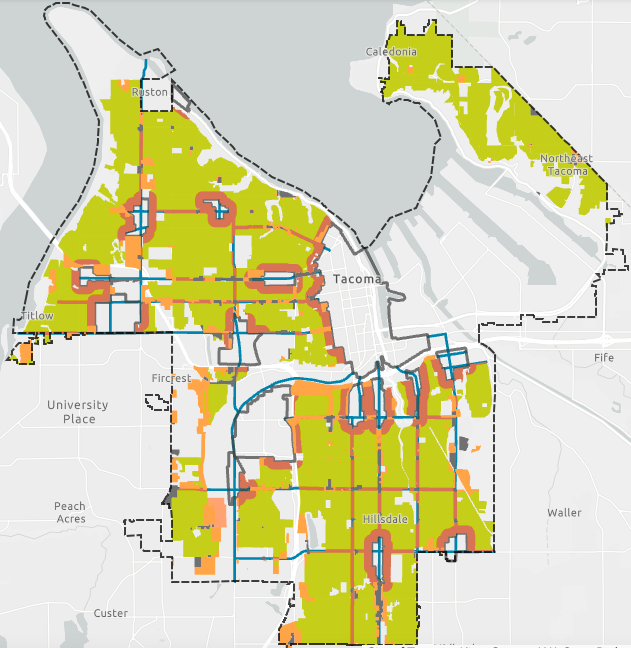 A map of Tacoma using colors to indicate different zoning designations.