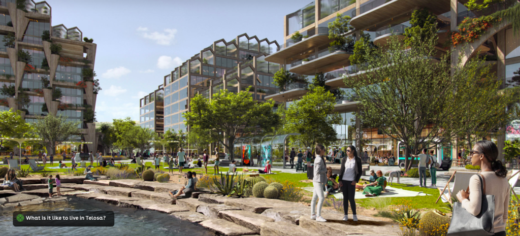 A rendering of a public plaza with a water feature between dense buildings with greenery and large windows.