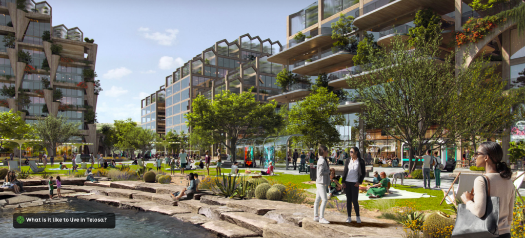 A rendering of a public plaza with a water feature between dense buildings with greenery and large windows. 