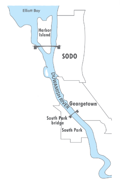 A map shows the Lower Duwamish Waterway Superfund Site, which passes through South Park, Georgetown, and SODO. 