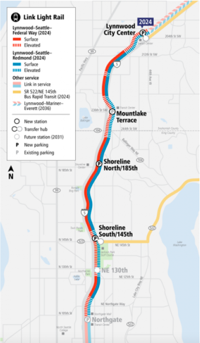Map shows Lynnwood Link along I-5 with stations at Shoreline South, Shoreline North, Mountlake Terrace, and Lynnwood City Center.