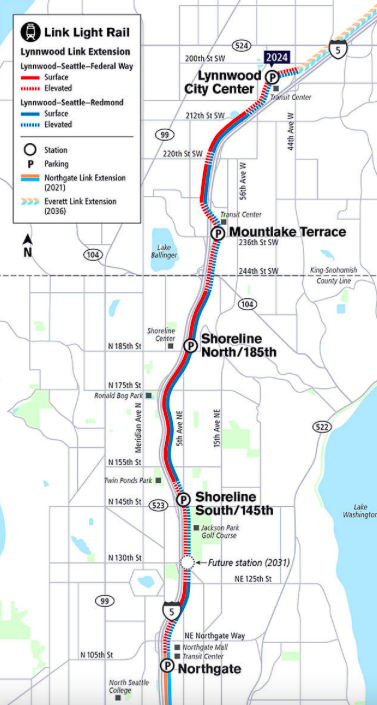 A map of the Lynnwood light rail extension showing stations at Lynnwood City Center, Mountlake Terrace, Shoreline North/185th, and Shoreline South/145th. 