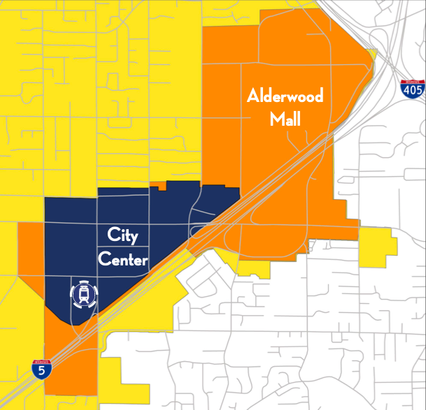 Lynnwood City Center will host a light rail station southwest of Alderwood Mall, which abuts the I-5 and I-405 interchange to on its eastern edge.
