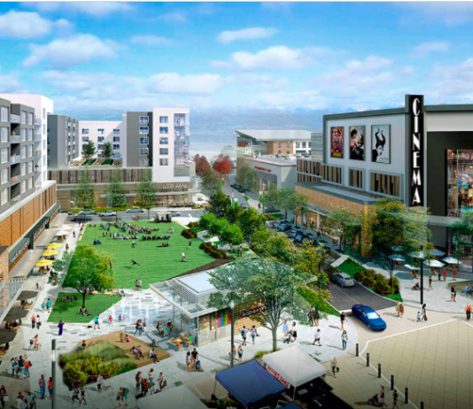 Lynnwood’s City Center: Transforming Strip Malls into a Dense Urban Neighborhood A rendering of residential and commercial buildings surrounding a town square.