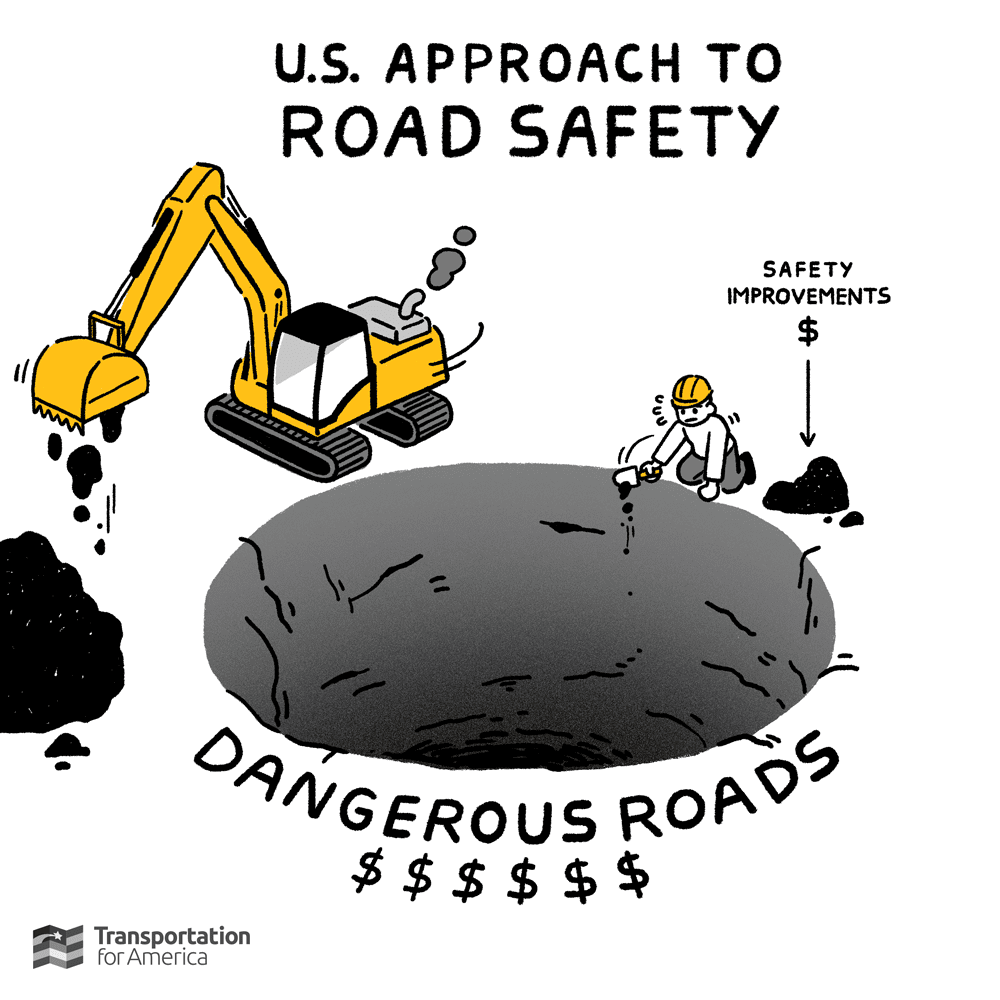 A cartoon showing the U.S. approach to road safety. A piece of machinery digs a deep hole, while a worker tried to fill the same whole with a small shovel. 