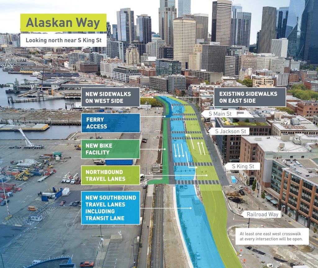 Bird's eye view of the new section of waterfront with sections including new southbound travel lanes and bike trail labelled.