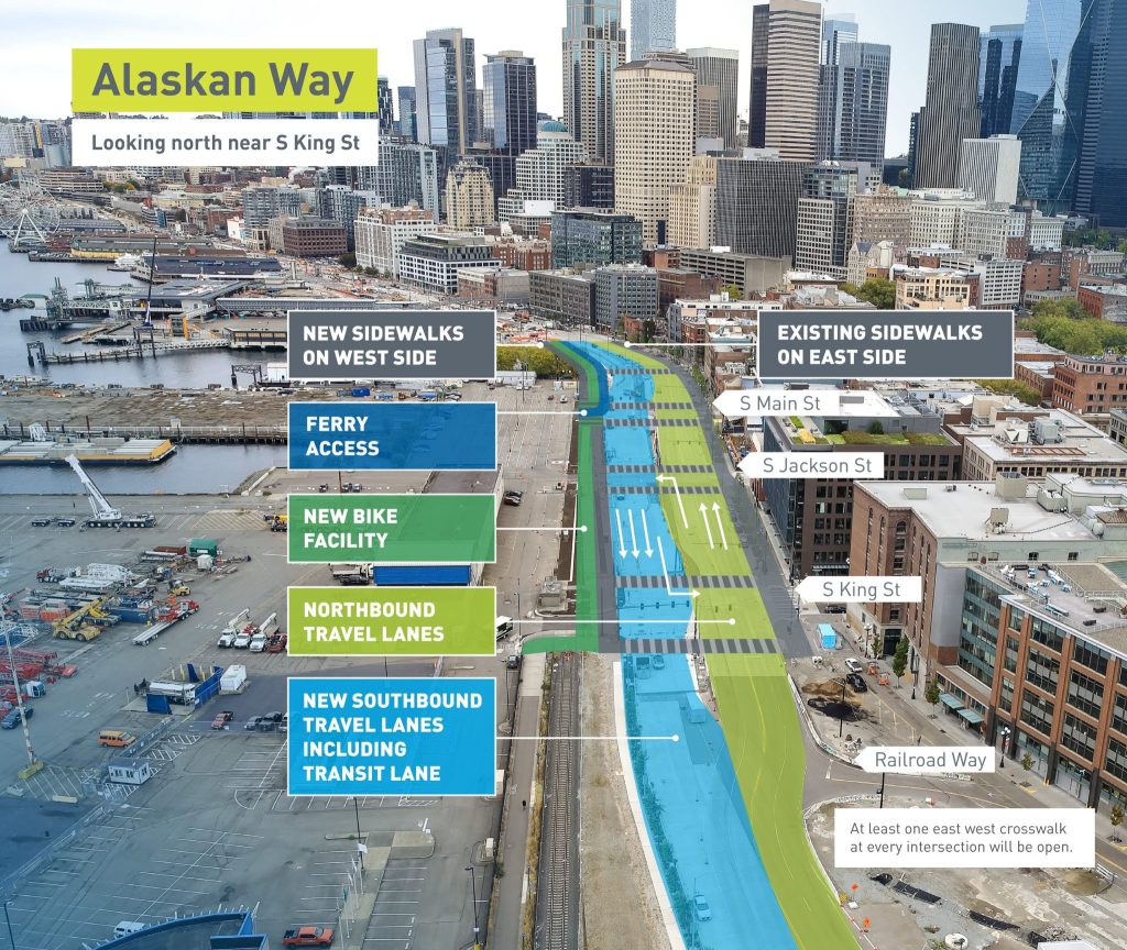 Bird's eye view of the new section of waterfront with sections including new southbound travel lanes and bike trail labelled. 