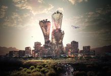 Telosa: What We Can Learn from Utopian Myths A rendering of towers surrounded by trees plus a helicopter.