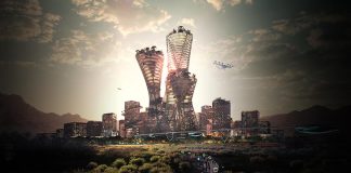 A rendering of towers surrounded by trees plus a helicopter.