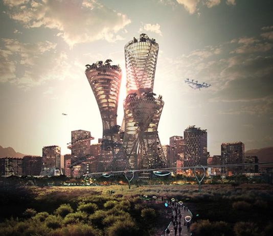 Telosa: What We Can Learn from Utopian Myths A rendering of towers surrounded by trees plus a helicopter.