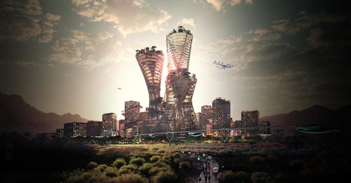 A rendering of towers surrounded by trees plus a helicopter.