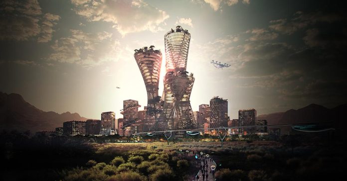 city-of-telosa-1630685049472 A rendering of towers surrounded by trees plus a helicopter.