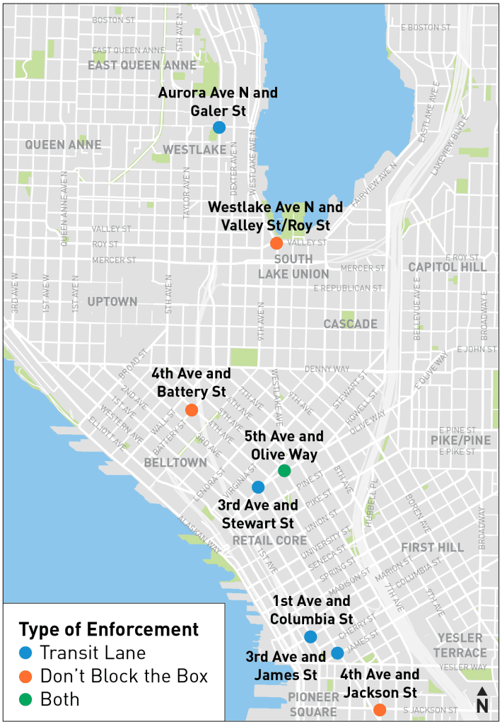 Map with bright dots showing the location of each camera and type in the Downtown and South Lake Union neighborhoods of Seattle.