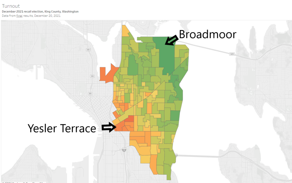 A Council District 3 turnout map with Broadmoor indicated in the north and Yesler Terrace on the southwest edge of the district.