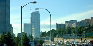 A photo of cars in gridlock traffic on Interstate 5 in Downtown Seattle