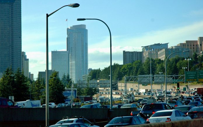 A photo of cars in gridlock traffic on Interstate 5 in Downtown Seattle