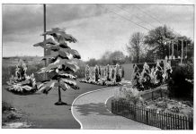 The Seattle Times Found Many Ways to Profit From Exclusion and Redlining A black and white photo with overlaid sketch of some trees and a walking path.