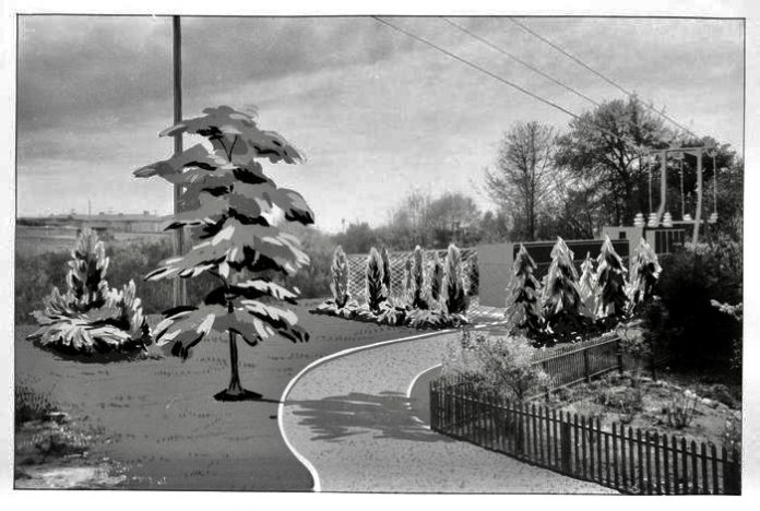A black and white photo with overlaid sketch of some trees and a walking path.