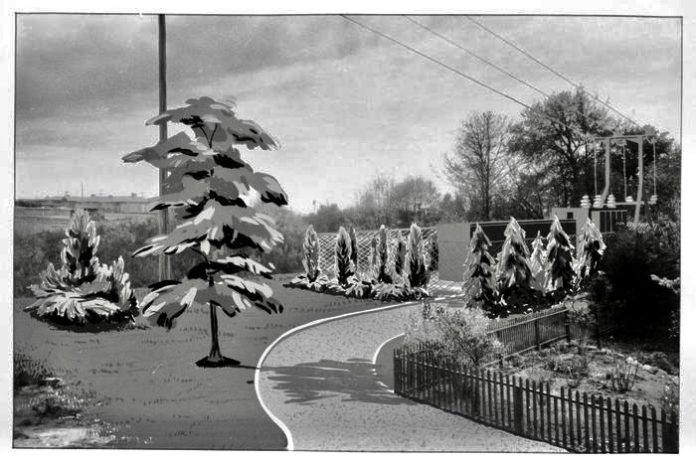 86BA3156-9AC3-4CBB-9A74-8DBD6298A24D_1_201_a A black and white photo with overlaid sketch of some trees and a walking path.