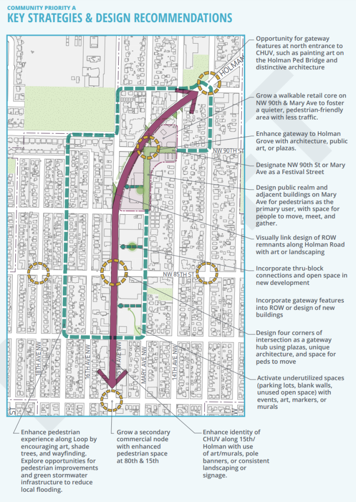 This map shows the location of the Crown Hill loops, and other potential improvements to the urban village. 