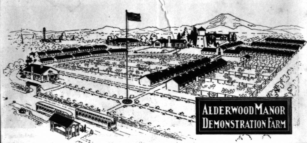 A black and white drawing of a farm with stores and houses, labeled Alderwood Manor Demonstration Farm