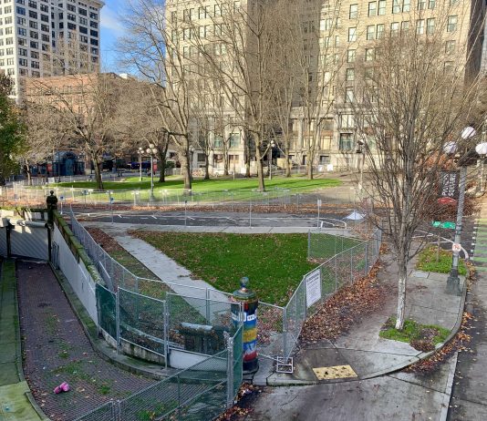 Controversial City Hall Park Land Swap Moves Ahead A photo of a green space surrounded by chain link fencing near tall historic buildings