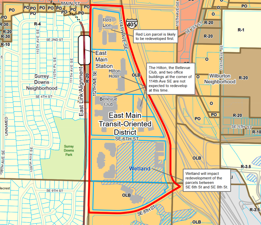 A map of the East Main site shows the light rail alignment, station, and existing site uses, which include the Bellevue Club, Hilton Hotel, Red Lion Hotel, and a Wetland.