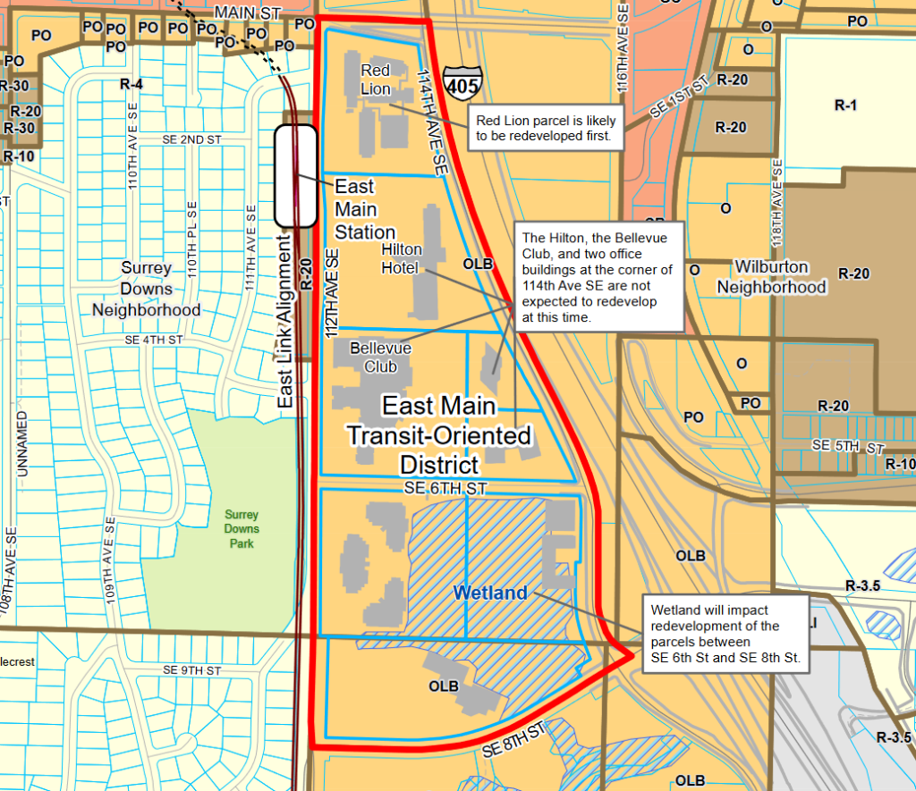 A map of the East Main site shows the light rail alignment, station, and existing site uses, which include the Bellevue Club, Hilton Hotel, Red Lion Hotel, and a Wetland. 