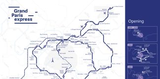 A map of the Grand Paris express with four maps showing different stages of completion on the right side.
