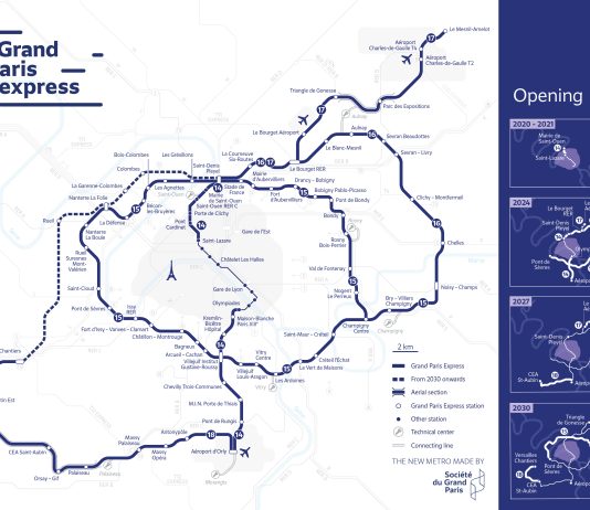Map of the Grand Paris Express, Europe’s Largest Transit Expansion Project A map of the Grand Paris express with four maps showing different stages of completion on the right side.