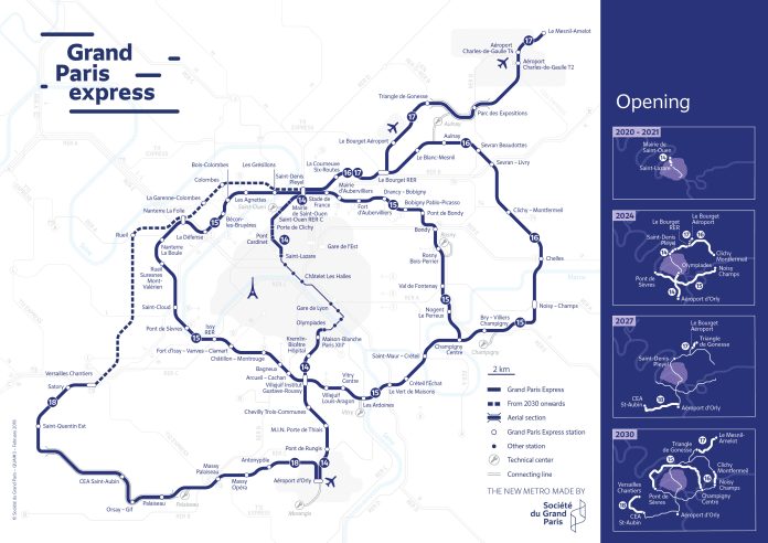 A map of the Grand Paris express with four maps showing different stages of completion on the right side.