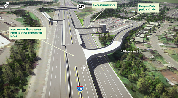 A wide freeway with pedestrian bridges accessing transit stations in median and an off ramp
