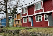 Bellevue Councilmembers Twist Themselves in Knots Over Middle Housing Changes A photo of colorful townhouses with a tree in front.