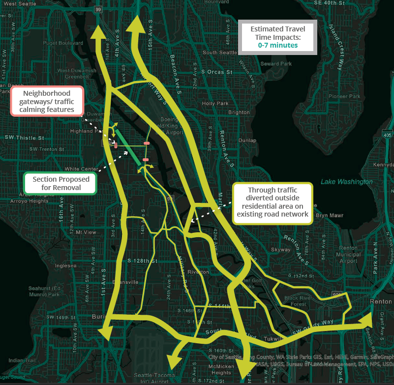 A map showing alternate routes for SR-99 in South Park. A text box reads, "Estimated Travel Time Impacts: 0-7 minutes"